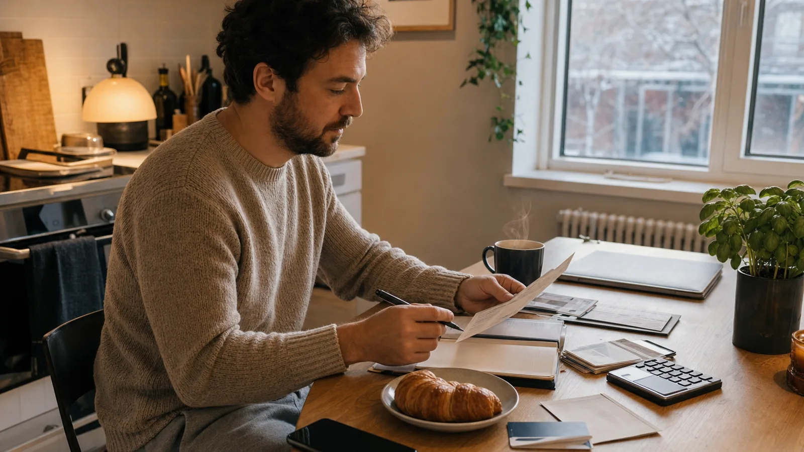 Man in weekend clothes reviewing financial papers at a kitchen counter