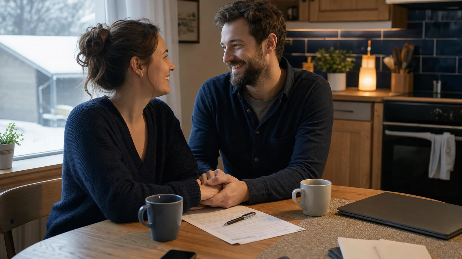 Couple soulagé recevant une réponse positive autour d'une table de cuisine