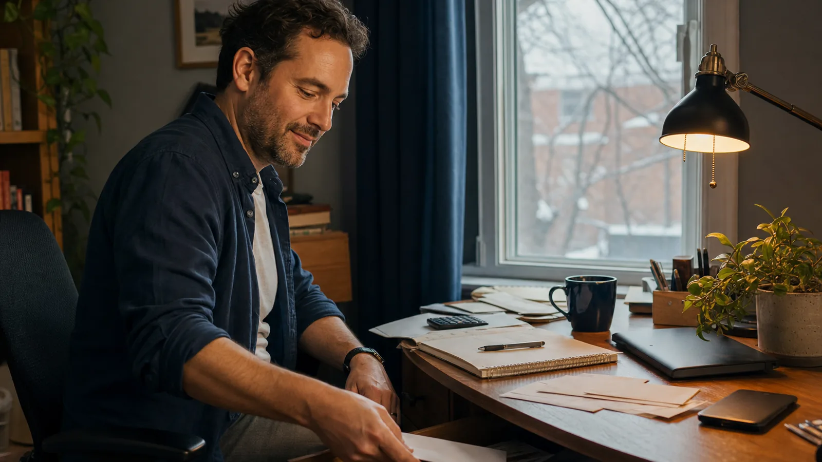 Relaxed man putting away an envelope after handling a financial emergency